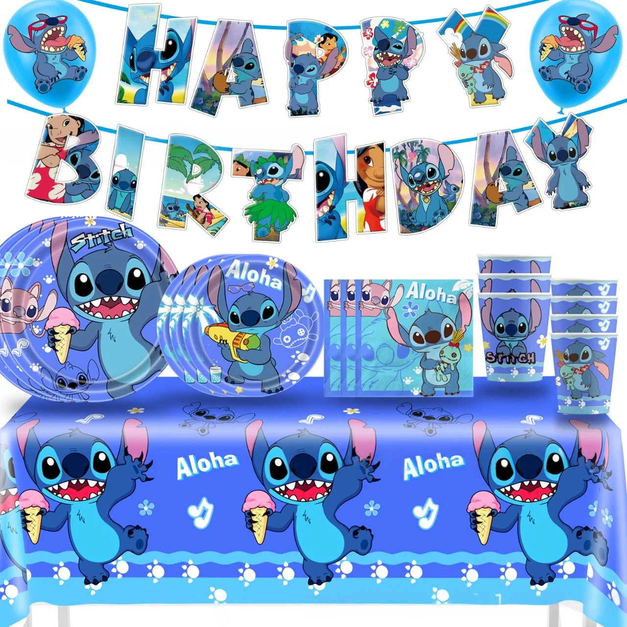 Disney Stich Geburtstag Party Dekorationen Blau Thema Geschirr Tischdecke Banner Hängende Spirale Für Kinder Event Liefert.