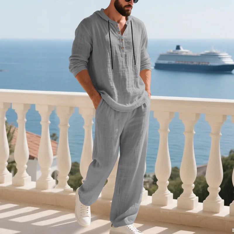 Cross-border Autumn Linen Men's Casual Suit Loose Hooded Henley Shirt Long Sleeve Pants Suit.