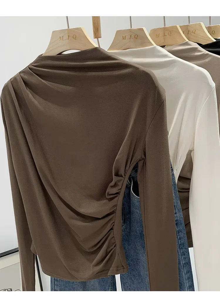 Early Autumn Pure Color High Neck Pleated Slim Fit Sexy Base Shirt Women's Fashionable Crew Neck T-shirt Full Sleeve China Origi.