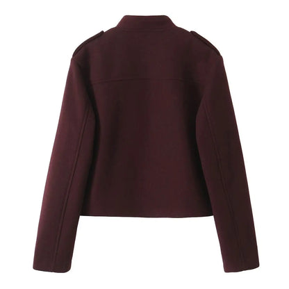 ZBZA Women's Retro Wine Red Cropped Jacket Stand Collar Long Sleeve Buttoned Epaulettes Patch Pocket Coat Fall Winter New Jacket.