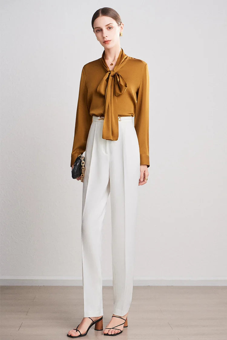 Silk Shirt Women's Thick Temperament Streamer 2025 Spring and Summer New Mulberry Silk Lace-up Design Shirt Long-sleeved Top