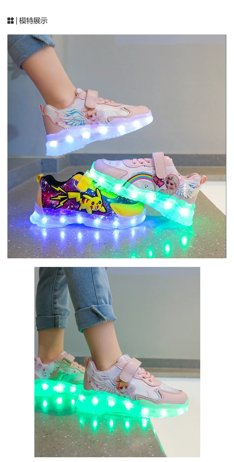 Disney Children's Casual Shoes LED Rechargeable Luminescent Shoes  Cartoon Princess Elsa Girls Pink Sports Sneakers Size 26-35.