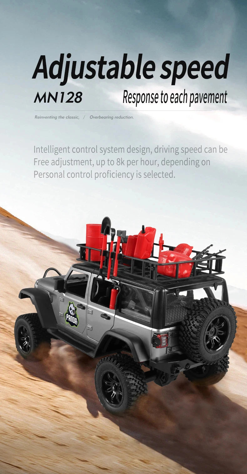 1/12 MN128 RC Car 4WD Jeep Model 2.4G Remote Control LED Light 4X4 Off Road 4WD Climbing RC Truck Electric Toy Car Gift for Boy.