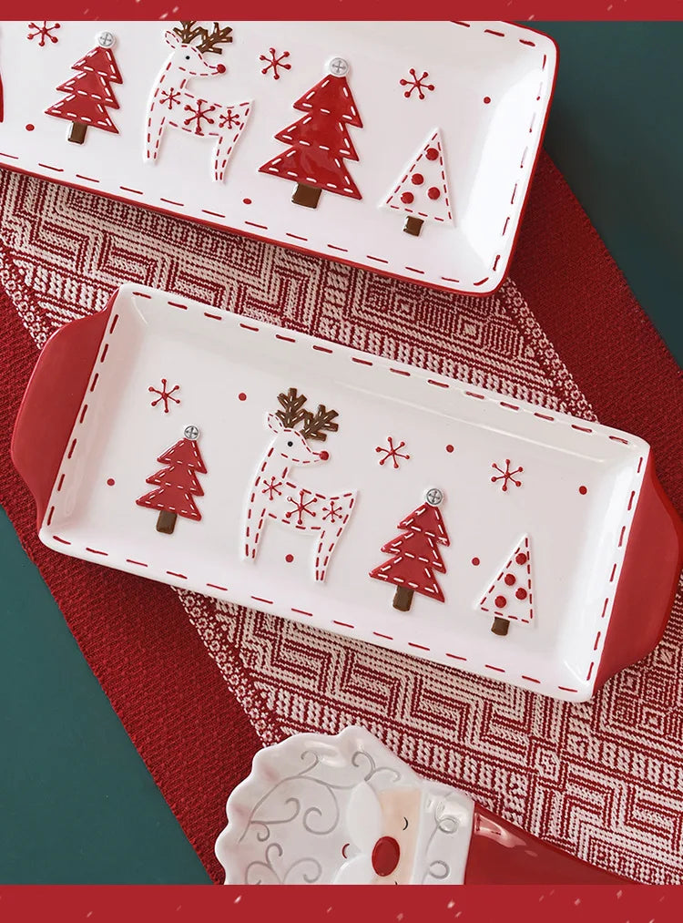 Nordic Stitching Santa Claus Dishes Plates Tableware Set Embossed Sealed Jar Seasoning Jar Western Ceramic Flat Plate Cup