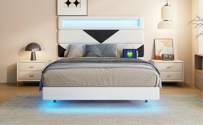 Anajqaqia Doppelbettgestell, 160 x 200 cm, verstellbares Kopfteil in Beige und Schwarz mit Lichtleiste und USB-Doppelladeanschluss