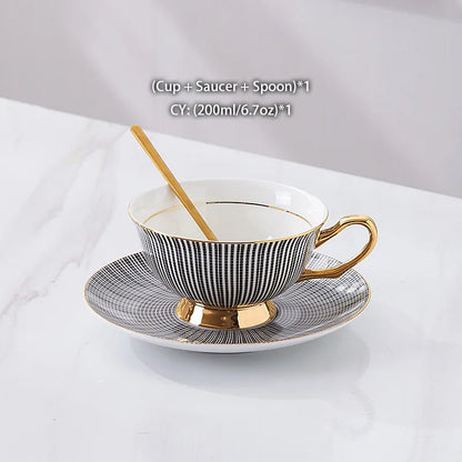 Bone China Tea Cup Saucer Spoon Set 200ml Elegant Coffee Cup Gold Porcelain Tea Set Ceramic Teacup Cafe Espresso Cup British Mug