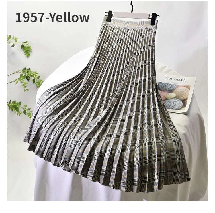 Looks Thin Pleated Skirt 2025 New High Waist A-line Skirt Mid-length Big Size Plaid Skirt Long Pleated Skirt Length 75-90cm