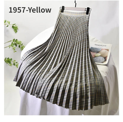 Looks Thin Pleated Skirt 2025 New High Waist A-line Skirt Mid-length Big Size Plaid Skirt Long Pleated Skirt Length 75-90cm