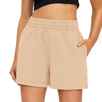 Plain Color Sports Shorts Casual Summer Comfortable And Soft Elastic High Waist Running Shorts With Pockets For Women