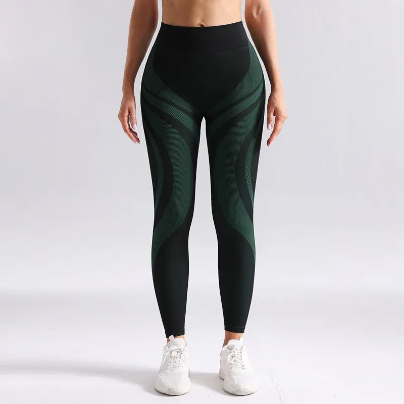 Seamless Breathable High Waisted Contrasting Yoga Pants Women Tight Fitting Hip Lifting Long Striped Sports Suit Long Leggings.