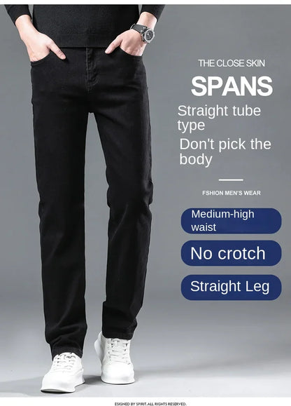 Spring Autumn New Men's Pure Black Slim Jeans Elastic Straight Pants Business Fashion Leisure Korean Vintage Denim Pants Male.