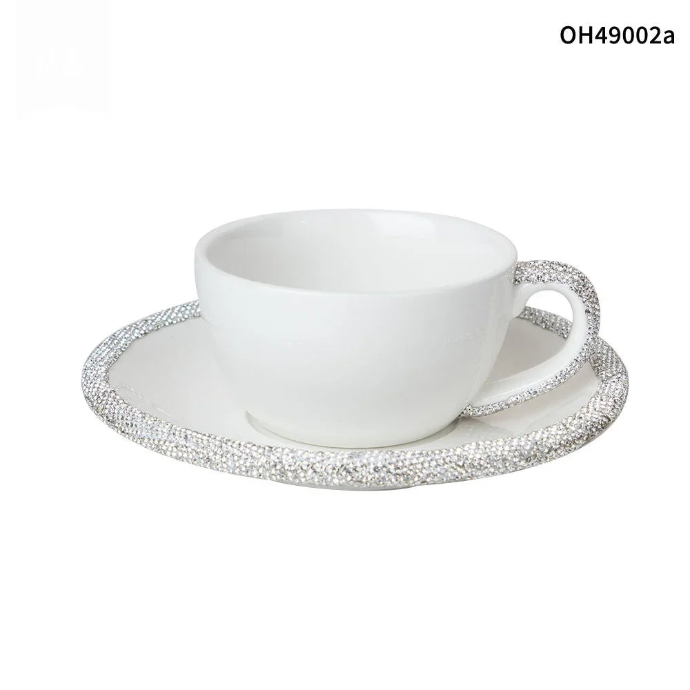1 Set 210ml Cappuccino Coffee Cup Set Sparkling Rhinestone Ceramic Mugs With Saucer  Afternoon Tea Cup Dessert Plate Tablewar.