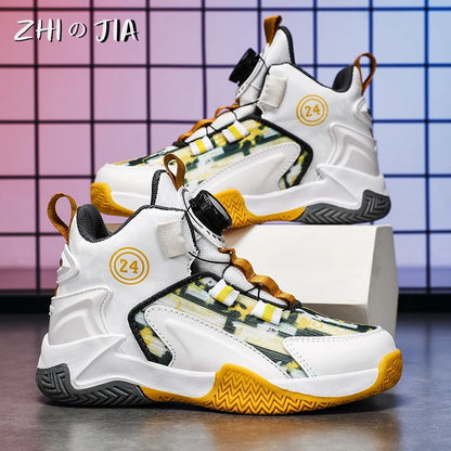 Children's Autumn New Rotary Buckle Mesh Breathable Basketball Shoes Boys Fashion Trend Sneaker Anti Slip Running Footwear 31-40.