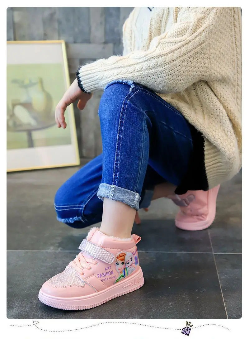 Disney Children Winter Ankle Snow Boots Cartoon Princess Elsa Frozen Pink Casual Shoes For Girls Warm Outdoor Shoes Size 26-37.