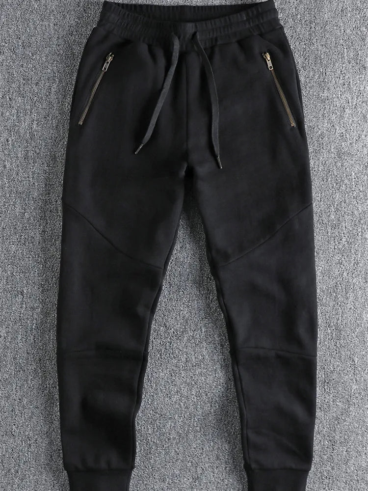 Autumn Winter American Retro Thick Sweatpants With Velvet Men's Pure Cotton Washed Heavyweight Knitted Sports Ankle-tied Pants.