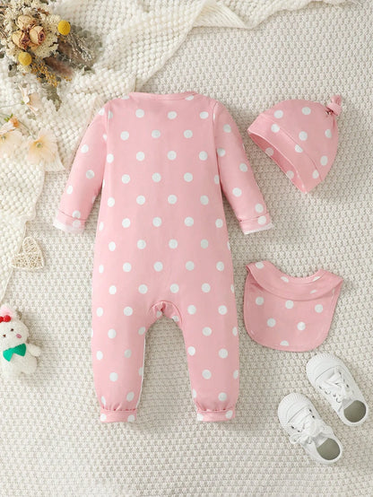 Neuer Baby-Body mit langen Ärmeln, niedliche kleine Kuh, kreisförmige Punkte, Overall + Hut + Drool-Handtuch, 3 Teil/Set, 0–18 Monate Baby-Krabbelanzug.