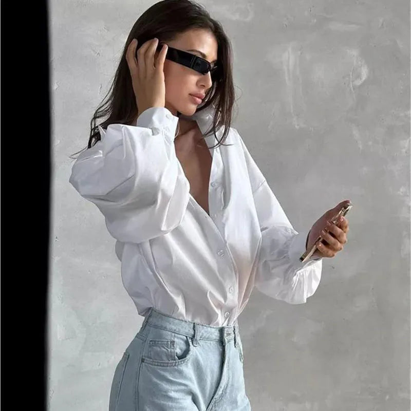 Women's Lantern Sleeve Oversized Blouse 2025 New Casual Loose Streetwear Black White Shirt Woman Vintage All-Match Basic Blusas.