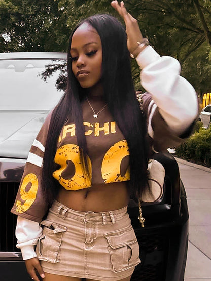 Weird Puss Fake Two Piece Pullover Women Trend Contrast Number Print Patchwork Long Sleeve Autumn Casual Simple Streetwear Tops.