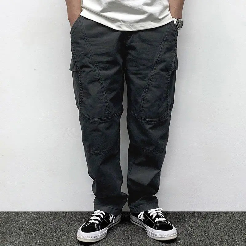 Autumn Men's Pants Multi-Pocket Cargo Pants Retro Solid Color Simple Loose Button Elastic Strap Casual Pants.