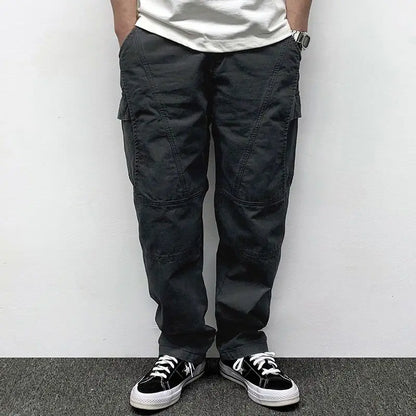 Autumn Men's Pants Multi-Pocket Cargo Pants Retro Solid Color Simple Loose Button Elastic Strap Casual Pants.