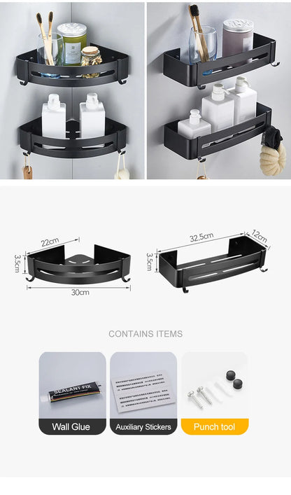 Badezimmer Regal Organizer Dusche Lagerregal Schwarz Eckregale Wandmontage Aluminium Toilette Shampoo Halter Kein Bohrer