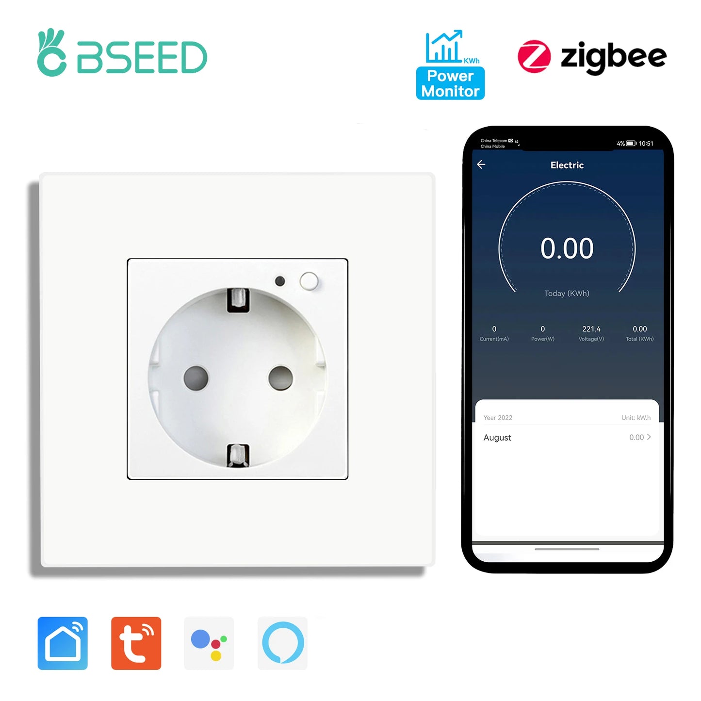 BSEED Zigbee Smart AC Steckdose EU Steckdosen mit USB Typ-c Schnellladeanschlüssen Tuya Smart Life Alexa App Kunststoffrahmen Weiß.