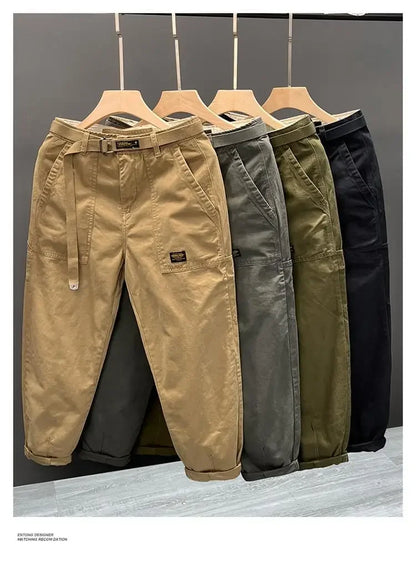 Autumn Summer Wide Leg Cotton Work Trousers Men's Cone Straight Loose Wear Resistant Pocket Pants Retro Wash Casual Workwear.