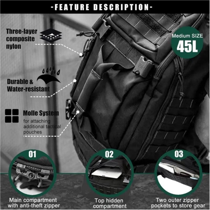 2025 neue 45L Große Duffle Bag Taktische Rucksack Outdoor Camping Taschen Molle Männer Rucksäcke Mode Reisetasche für Wandern.