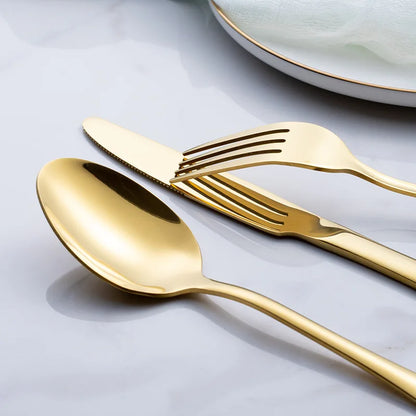 24pcs Golden Tableware Set Light Luxury Stainless Steel Cutlery Fork Knife Spoon Dinnerware Set Minimalist Decor with Gift Box.