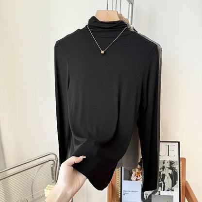 Yuyue Women's High-necked High Strecth Bottoming Shirt Old Money Style Silk Pile Collar Base Top Contain Mulberry Silk and Wool.