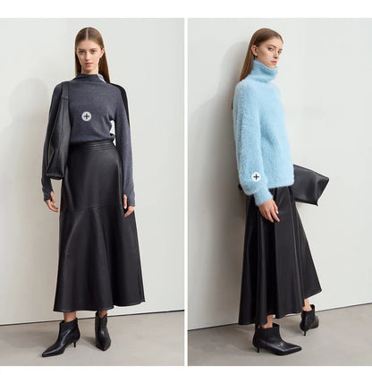 AMII Minimalist Elegant Commuter Environmentally Friendly PU Leather Skirt 2024 Winter New Women's Loose A-shaped Skirt 12444181.