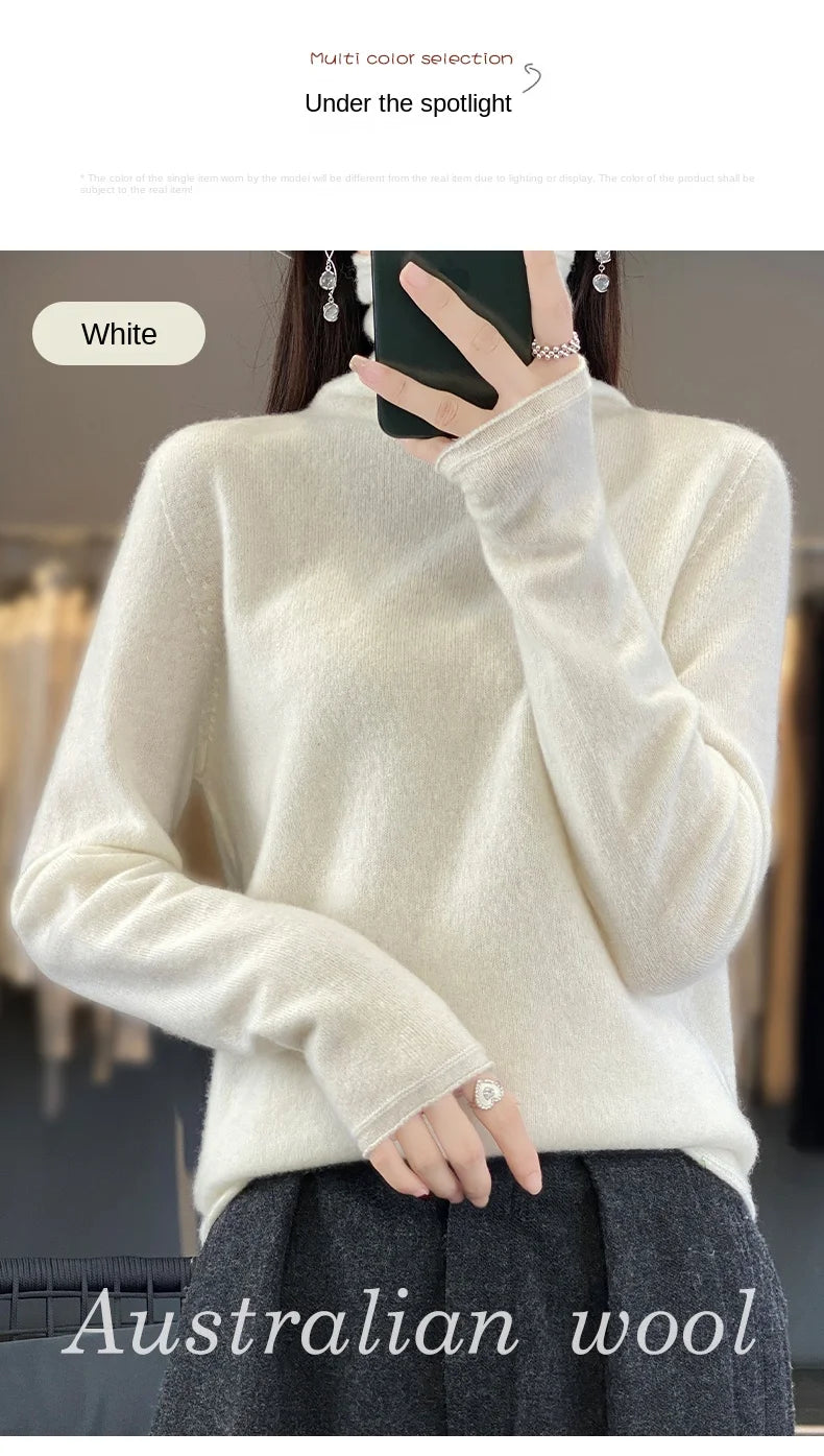 2025 100% Merino Wool Sweater Elegant Cashmere Pullover Women Pile Collar Long Sleeve Knitwear Basic Clothing  Jumper Tops.