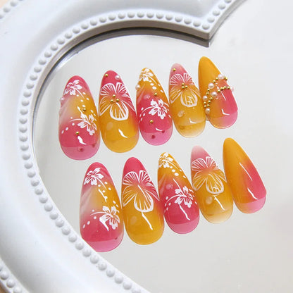 24pcs White Flower Fake Nail Tips Ins Yellow Pink Blush False Nails Wearable Full Cover European Almond Shaped Press on Nails.
