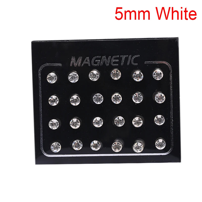 12 Pair(24pcs)/lot 3/4/5/6/7mm Round Crystal Rhinestone Magnet Stud Earring Punk Womens Mens Magnetic Fake Ear Plug Jewelry.