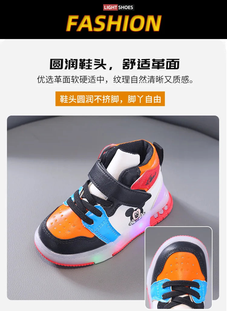 Disney Girls' Causla Shoes PU Leather Mickey Mouse LED Luminescent Children's Sneaker 1-6 Year Old Boys' Sports Casual Shoes.