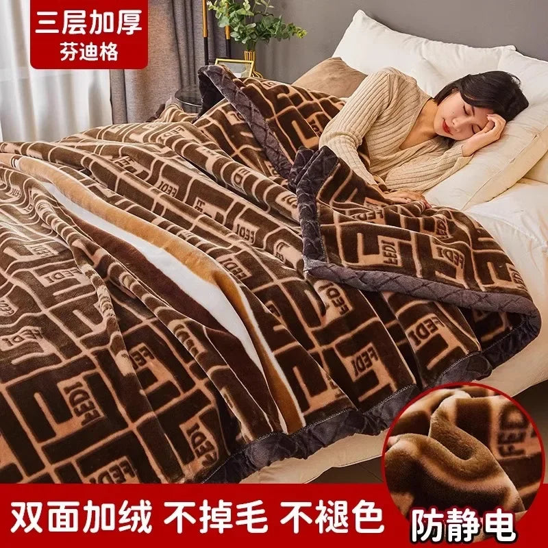 Printing Blanket Quilt Winter Keep Warm Double-deck Thickening Soft Comfortable Multiple Specifications Add Velvet Siesta Sheet.