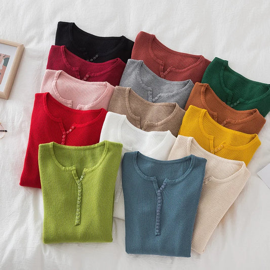 2026 weibliche Casual Tops Pullover Frauen Herbst Winter Gestrickte Dünne Pullover Feste Taste Volle Hülse V-ausschnitt Pullover.