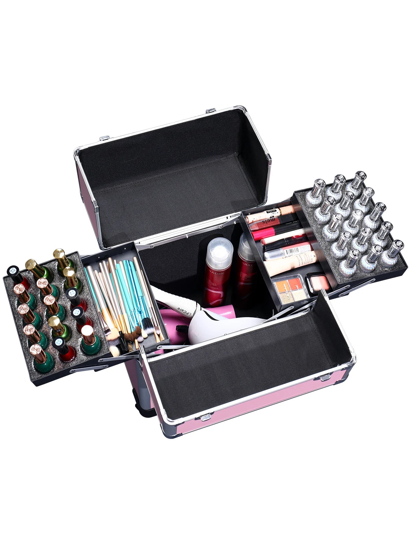 TravelRolling Makeup Train Case Large Capacity Cosmetic Trolley, Aluminum Professional Travel Case with Key.