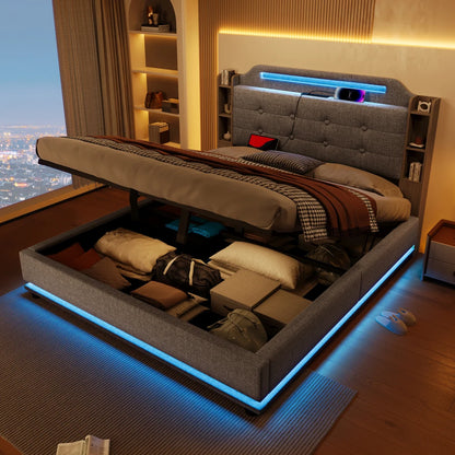 140*200cm Polsterbett mit LED-Lichtleiste und mehreren Ablagefächern, für Schlafzimmerwäsche, Beige (ohne Matratze)