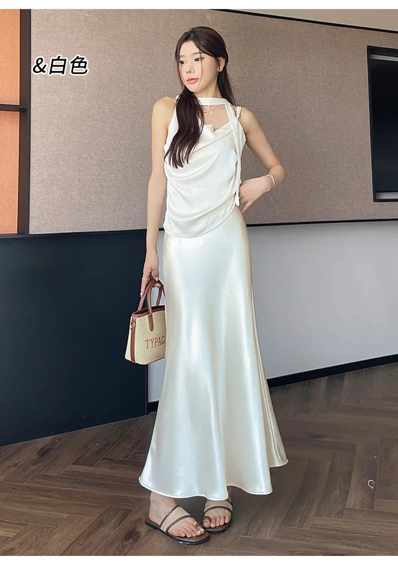 Zoki Chic Satin Elegant Long Skirt Women Casual Fashion High Waist Sweet Trumpet Skirts Slim Summer Female Korean Long Skirts.
