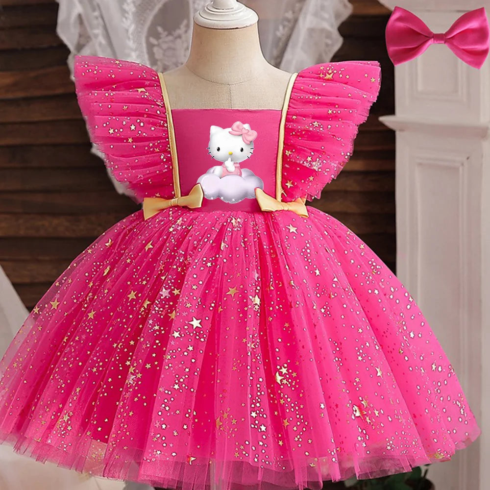 Hello Kitty Prinzessinnenkleid für Mädchen, Pailletten, Stern, Rüschen, Schleife, Tutu-Kleid, Baby, formelles Gala-Abschlussballkleid, Kinder-Abendparty-Kostüm