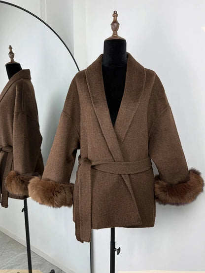 2025 Chic Lapel Plush Coat With Belt Women Vintage Faux Fur Sleeve Tweed Open Coats Female Autumn Winter Casual Street Outwear