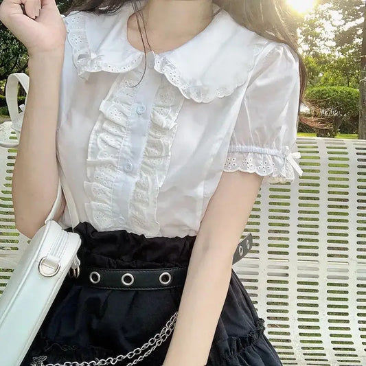 Deeptown Kawaii Lolita Blouses White Women Cute Lace Tops Ruffle Shirts Vintage Puff Sleeve Japanese Preppy Style Sweet Tops.
