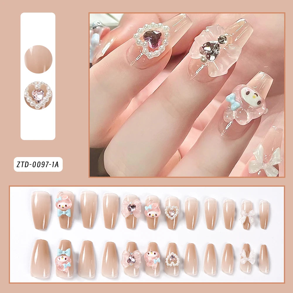 24Pcs 3D kuromi press on nails Y2K Cartoon Handmade Fake Nails Black Gel nail Wearable Nails Cinnamoroll Melody Anime False Nail.