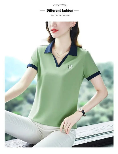 Women's Slim Fit Polo Shirt Short Sleeve T-Shirt Casual Sporty Loose Fashionable Summer Top Turn-down Collar Comfortable.