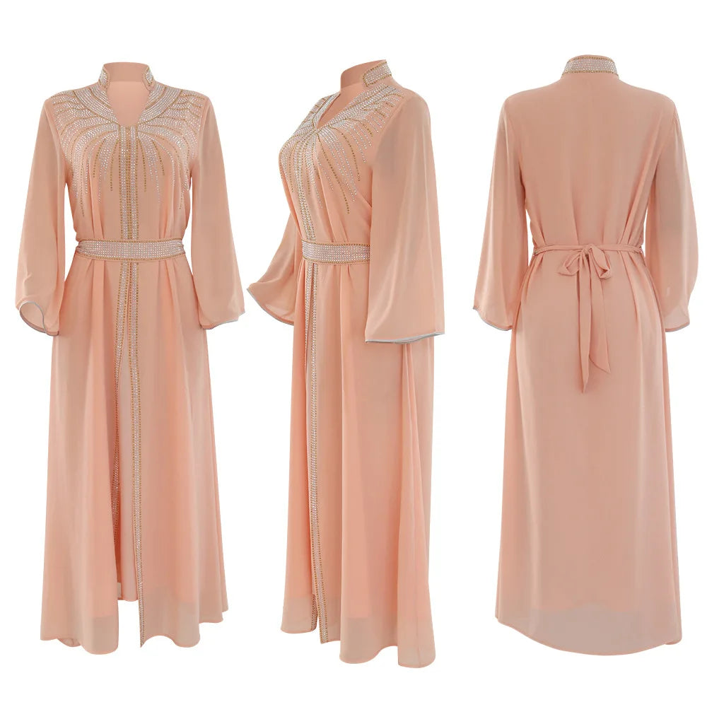 Marok kanis che Kaftan Frauen Mode Diamant mit Gürtel Chiffon Kleid Eid Ramadan arabische Robe Islam Luxus Party muslimische Kleider.