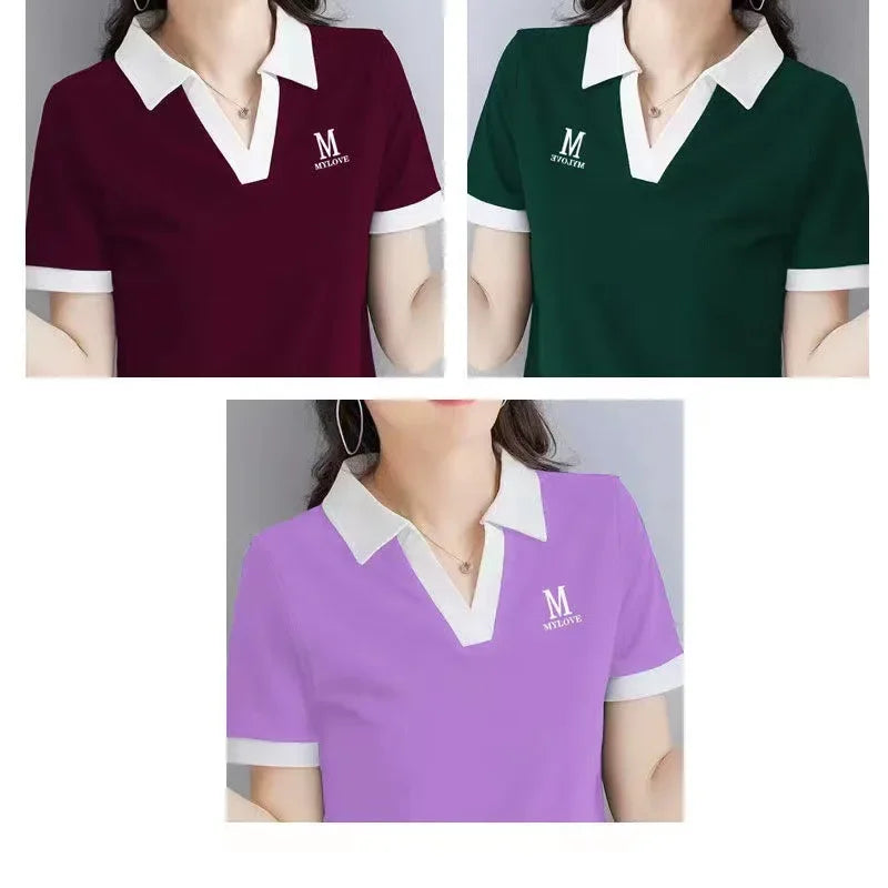 Loose Fit Women's Short Sleeve Polo Neck T-Shirt Summer Slimming Fashionable Top Quality Pure Color Cross-Border Independent.