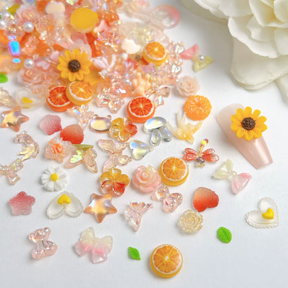 60PCS Creative Fudge Heart Dragonfly Orange Resin Nail Charms Transparent Star Butterfly Flower Mixed Nail Art Decorations DIY.