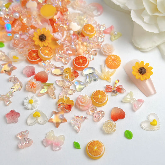 60PCS Creative Fudge Heart Dragonfly Orange Resin Nail Charms Transparent Star Butterfly Flower Mixed Nail Art Decorations DIY.