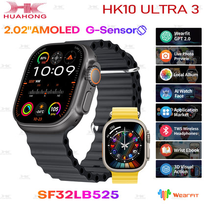 2025 New 49mm HK10 ULTRA 3 Smartwatch HD AMOLED 4G ROM Bluetooth Call Network Chat Robot Clock NFC Compass Smart Watch Men Women.